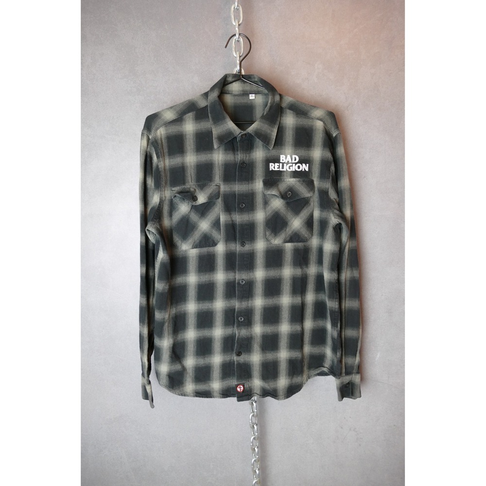 Bad Religion Mens XL‎ Plaid Flannel Button Up Shirt Black Grey Embroidered Logo